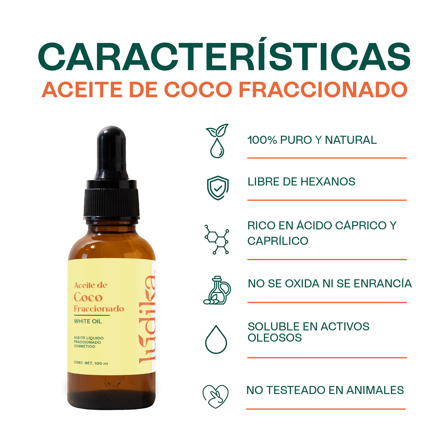 Aceite de Coco Fraccionado Natural Líquido | Facial, Capilar y Corporal | Vehículo Ligero, Hidratante Intenso