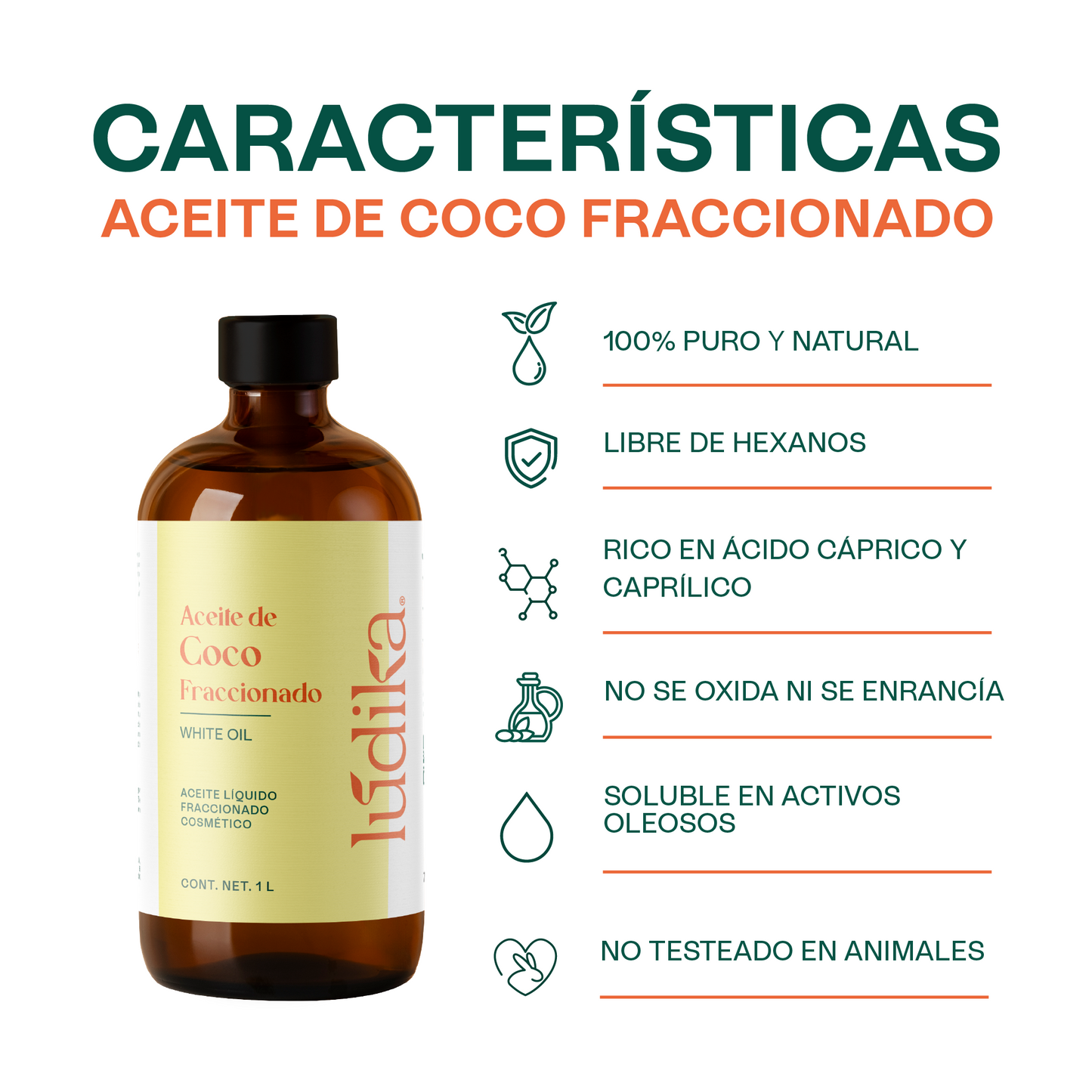 Aceite de Coco Fraccionado Natural Líquido | Facial, Capilar y Corporal | Vehículo Ligero, Hidratante Intenso