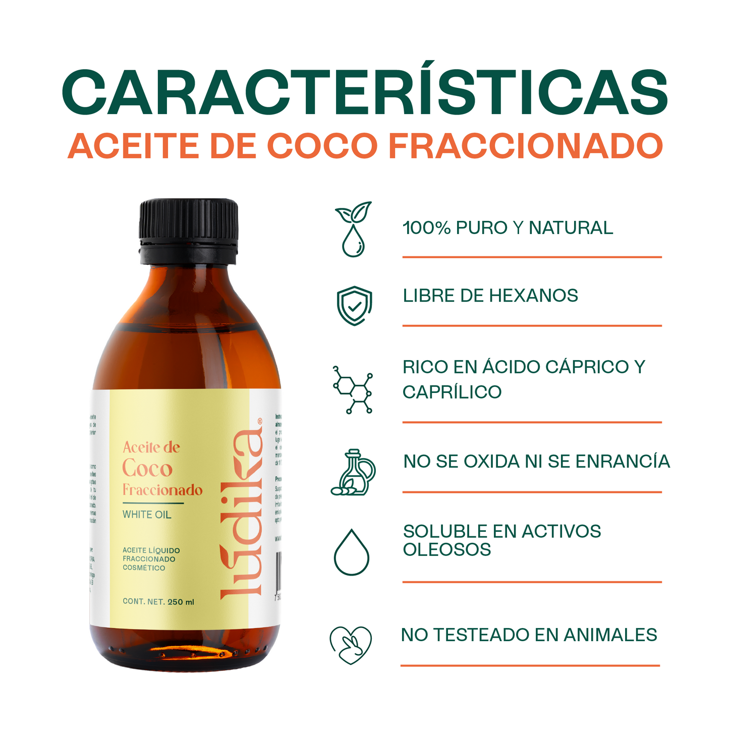 Aceite de Coco Fraccionado Natural Líquido | Facial, Capilar y Corporal | Vehículo Ligero, Hidratante Intenso