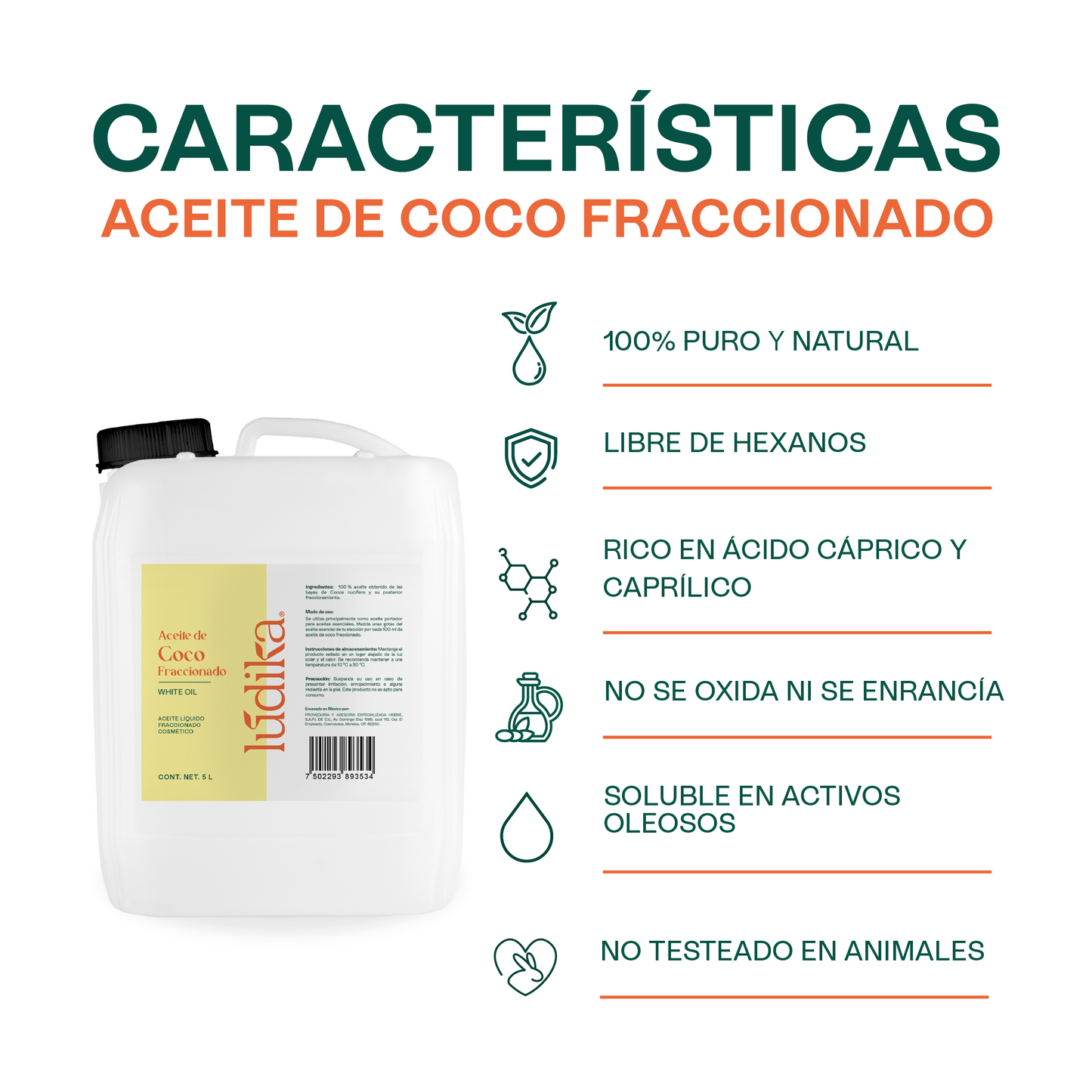 Aceite de Coco Fraccionado Natural Líquido | Facial, Capilar y Corporal | Vehículo Ligero, Hidratante Intenso