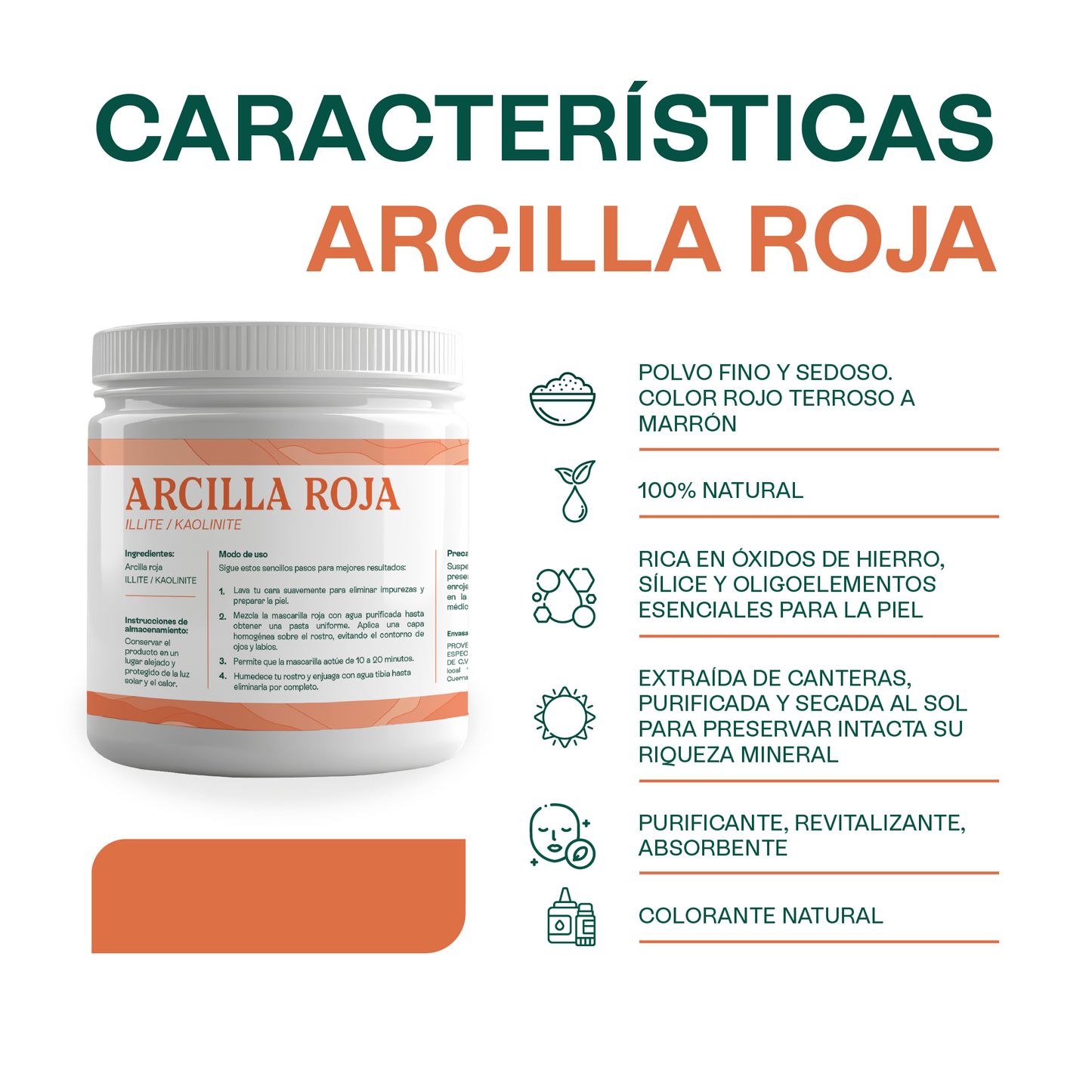 Arcilla Roja | Facial y Capilar | Calmante, Desintoxicante y Revitalizante para Piel Sensible y Cabello Graso