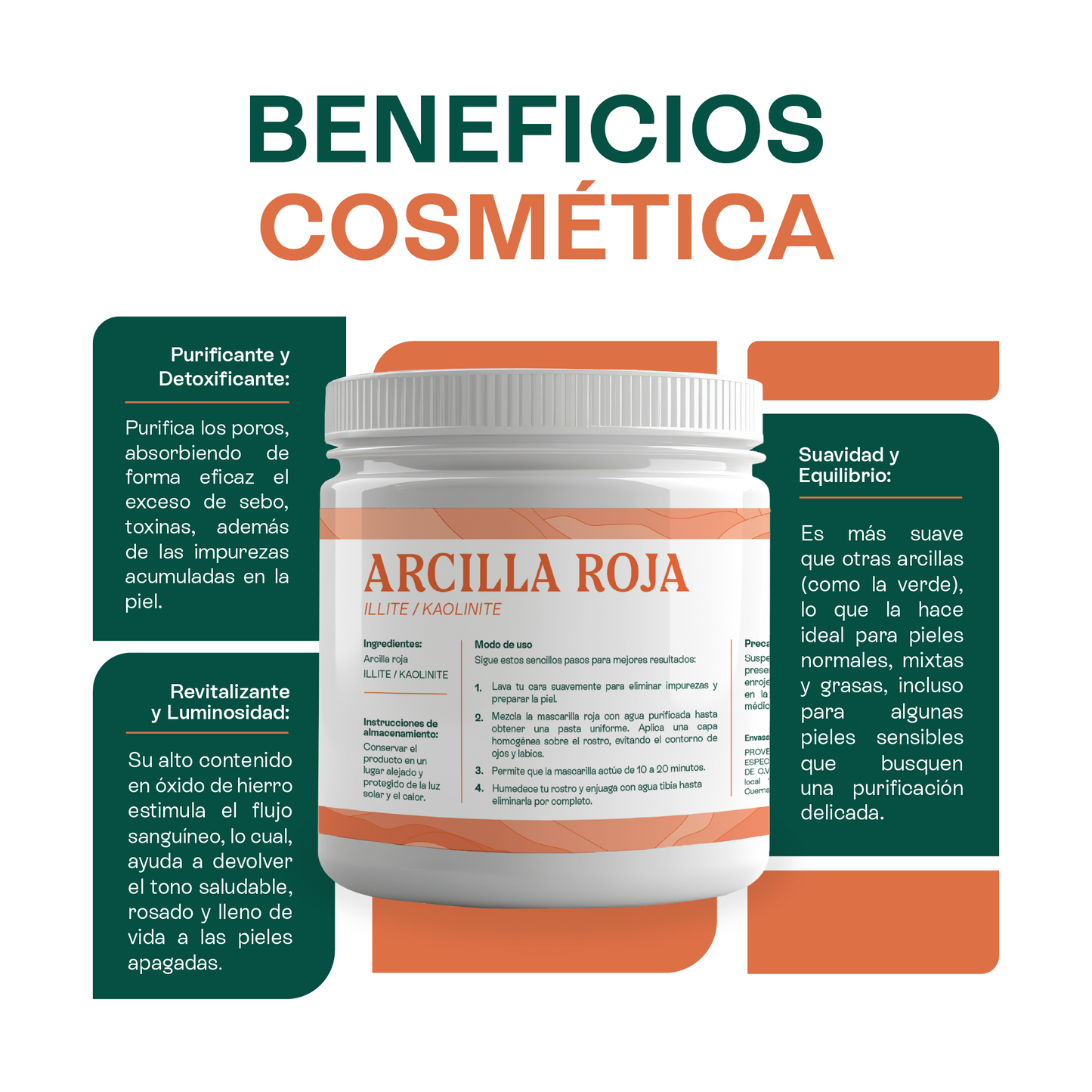Arcilla Roja | Facial y Capilar | Calmante, Desintoxicante y Revitalizante para Piel Sensible y Cabello Graso