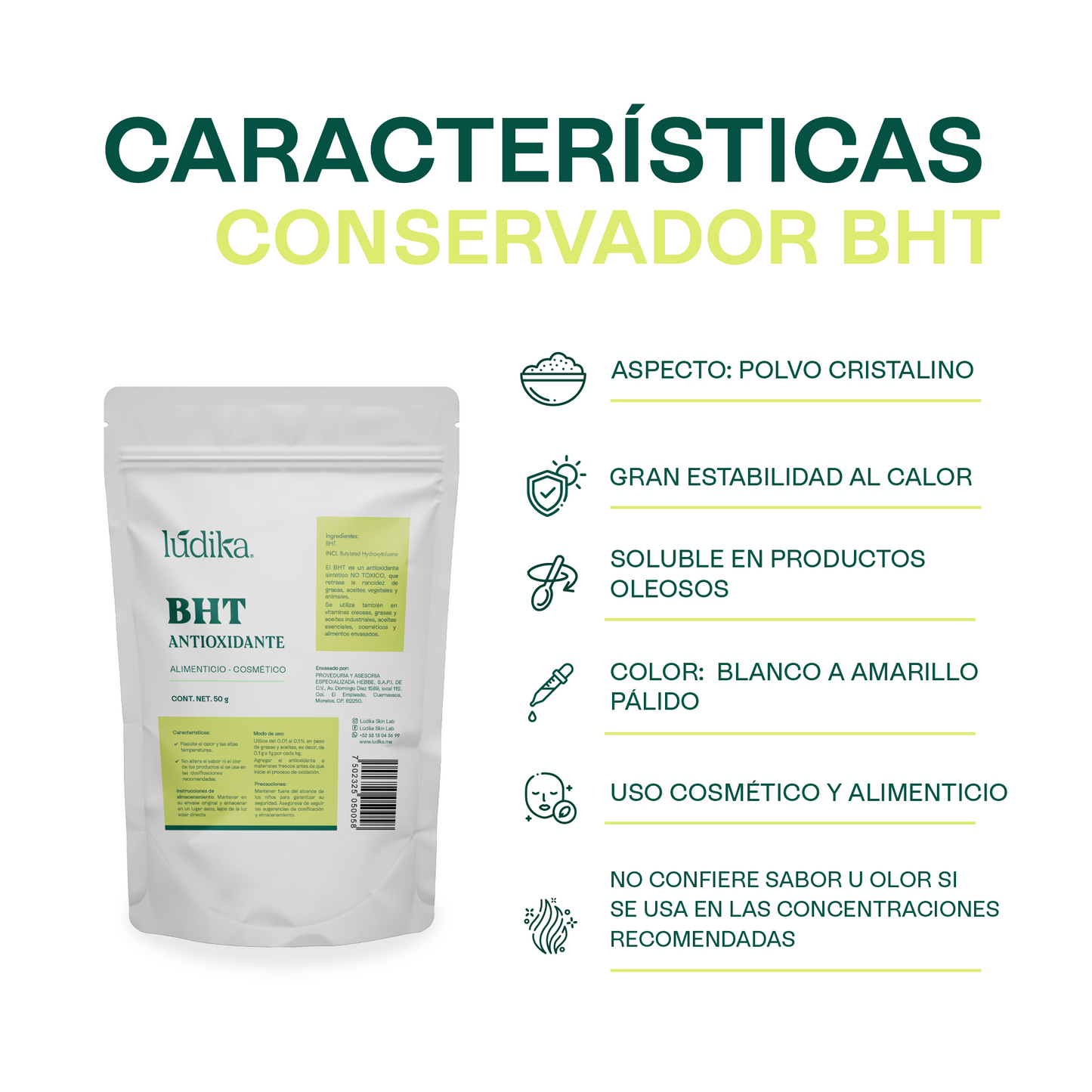 BHT | Antioxidante Cosmético y de Alimentos en polvo para Retardar el Enranciamiento de Aceites y Grasas