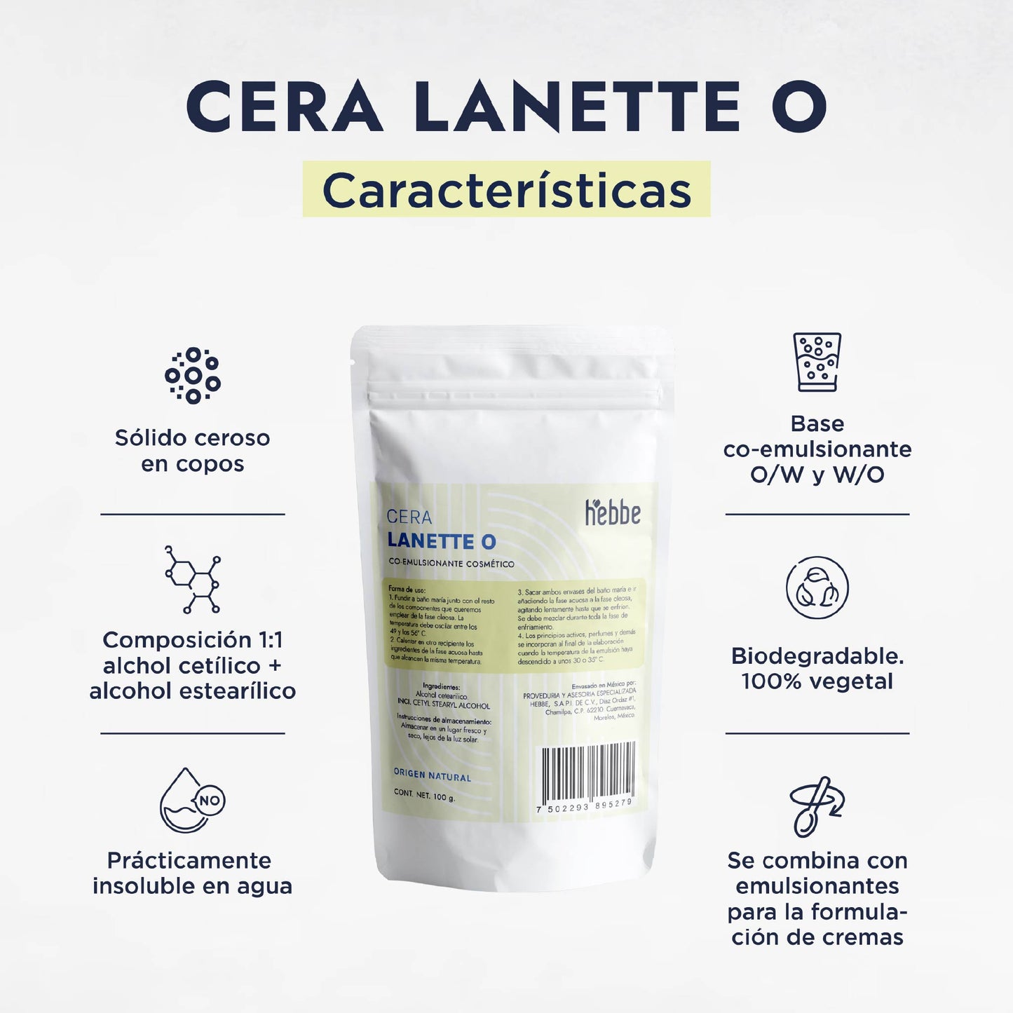Cera Lanette O | Co-emulsionante | Agente de Consistencia, Estabilizador y Emoliente de Tacto Seco