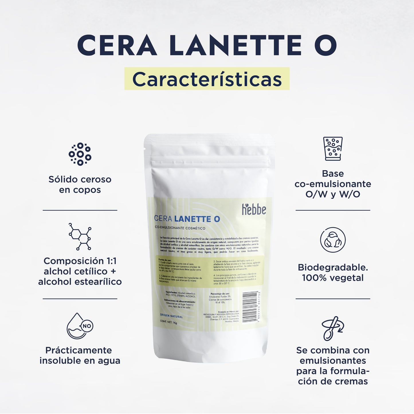 Cera Lanette O | Co-emulsionante | Agente de Consistencia, Estabilizador y Emoliente de Tacto Seco