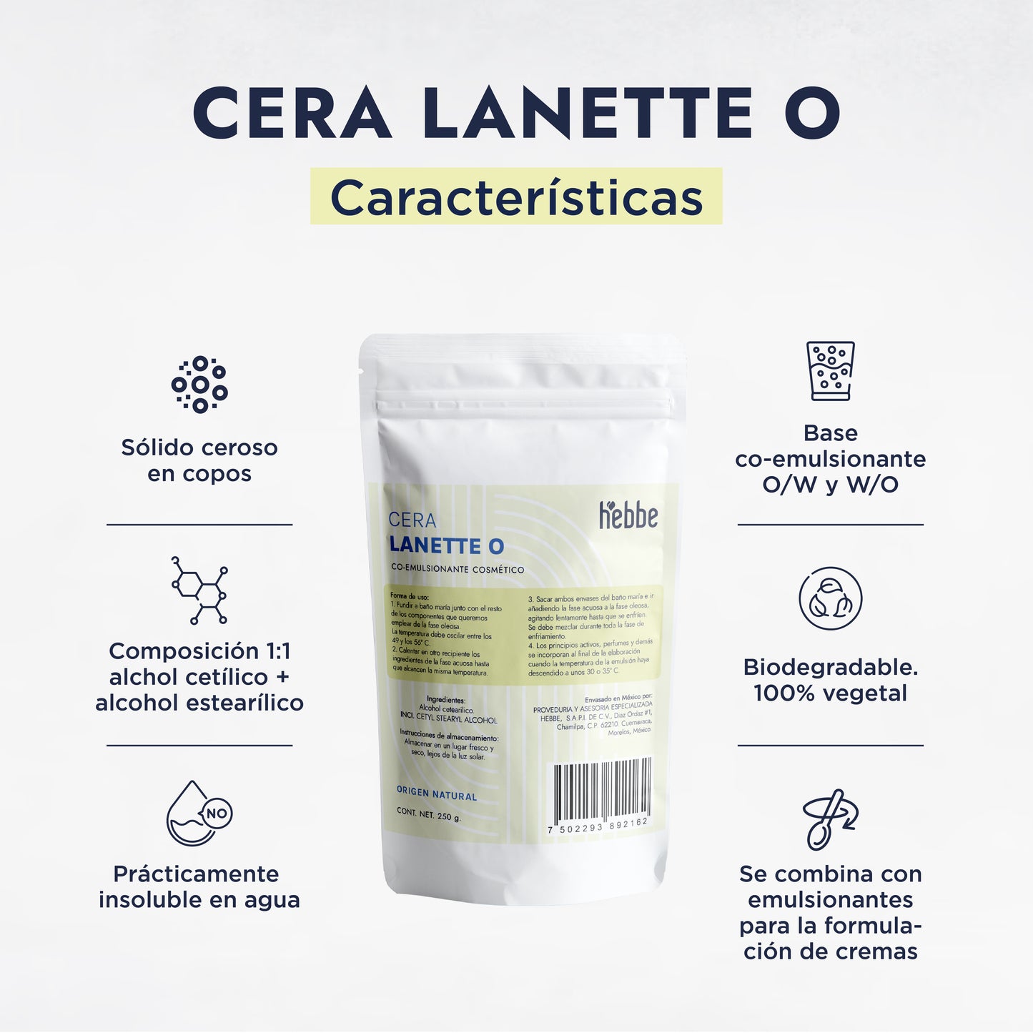 Cera Lanette O | Co-emulsionante | Agente de Consistencia, Estabilizador y Emoliente de Tacto Seco