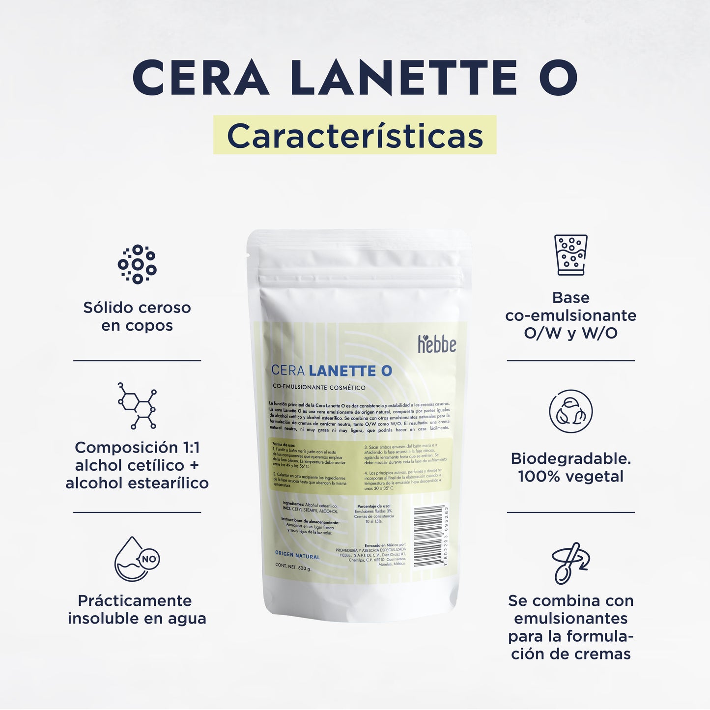 Cera Lanette O | Co-emulsionante | Agente de Consistencia, Estabilizador y Emoliente de Tacto Seco