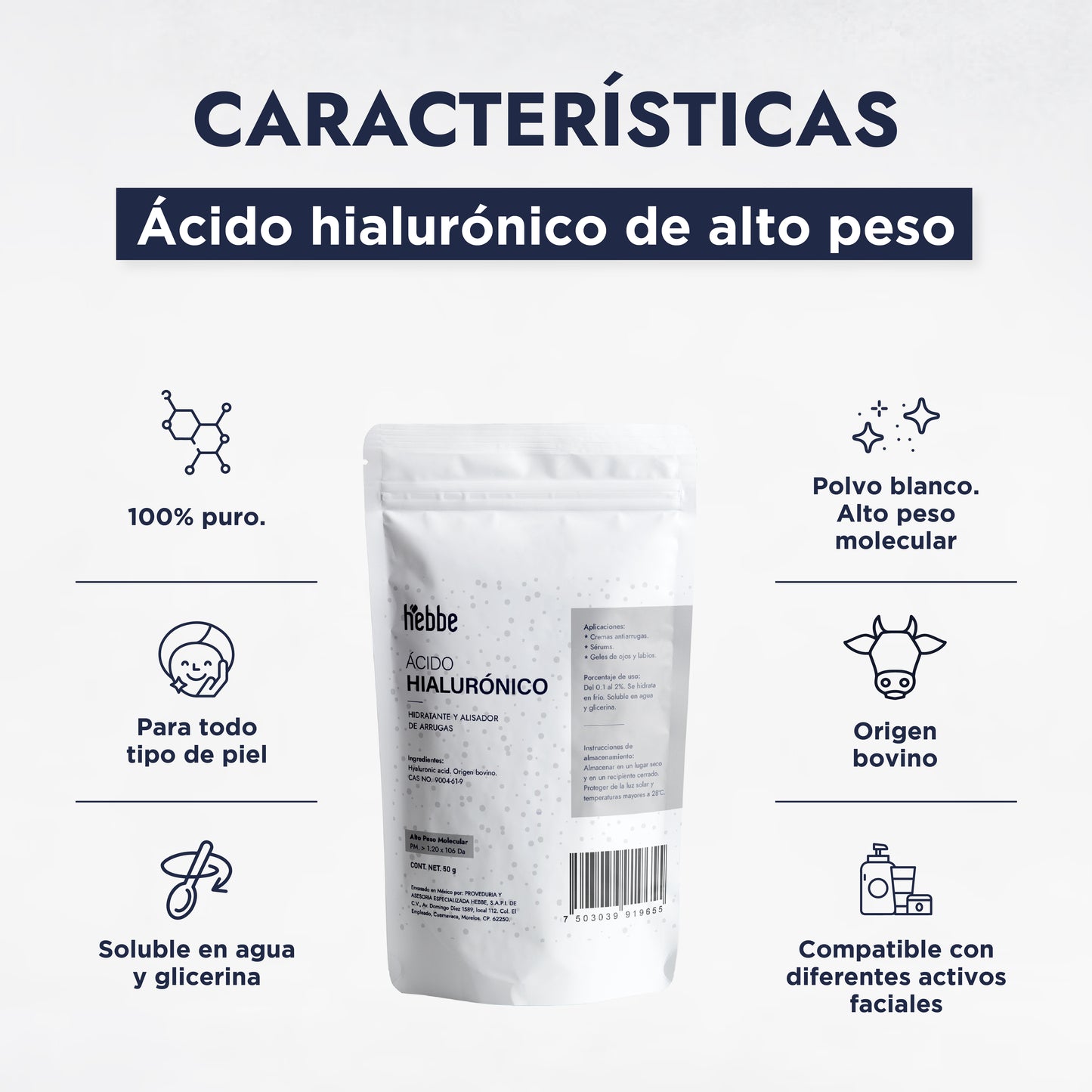 Ácido Hialurónico (Alto Peso Molecular) | Penetración cutánea superficial | Humectante Filmógeno y Relleno Inmediato