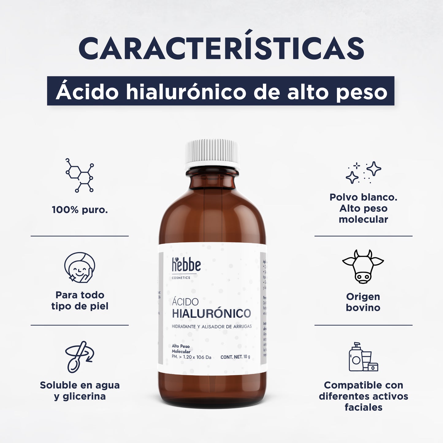 Ácido Hialurónico (Alto Peso Molecular) | Penetración cutánea superficial | Humectante Filmógeno y Relleno Inmediato