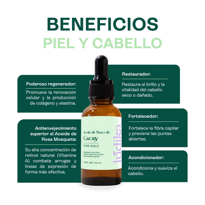 Aceite de Cacay | Facial, Capilar y Corporal | Antiedad, Antioxidante, Reducción de marchas, Cicatrizante