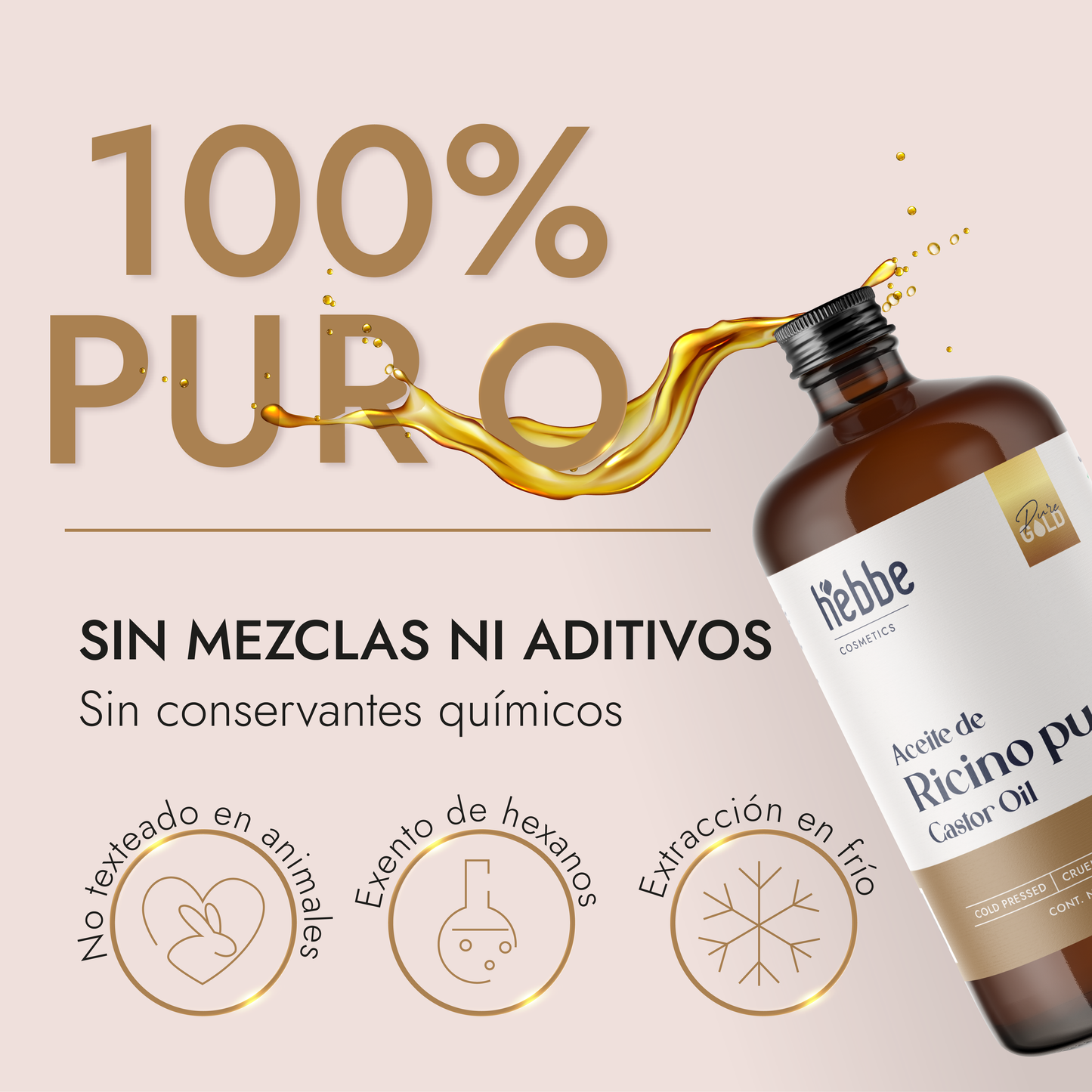 Aceite de Ricino Hebbe Castor Oil Puro Orgánico | Cejas, Pestañas y Cabello | Hidratante, Antiinflamatorio y Estimulante Capilar