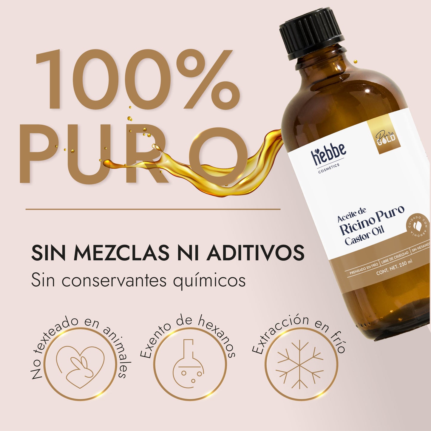 Aceite de Ricino Hebbe Castor Oil Puro Orgánico | Cejas, Pestañas y Cabello | Hidratante, Antiinflamatorio y Estimulante Capilar