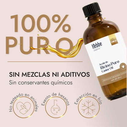 Aceite de Ricino Hebbe Castor Oil Puro Orgánico | Cejas, Pestañas y Cabello | Hidratante, Antiinflamatorio y Estimulante Capilar
