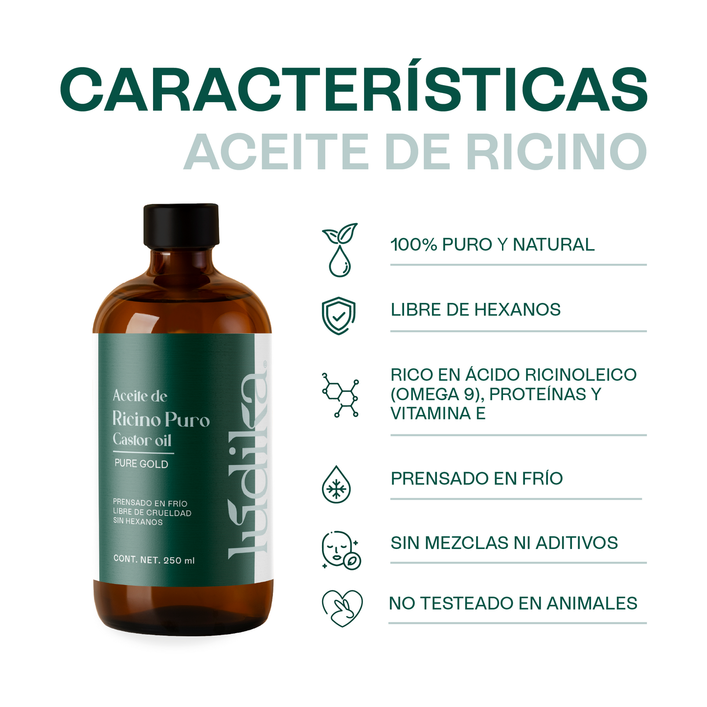 Aceite de Ricino Castor Oil Puro Orgánico | Cejas, Pestañas y Cabello | Hidratante, Antiinflamatorio y Estimulante Capilar