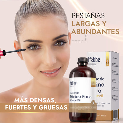 Aceite de Ricino Hebbe Castor Oil Puro Orgánico | Cejas, Pestañas y Cabello | Hidratante, Antiinflamatorio y Estimulante Capilar