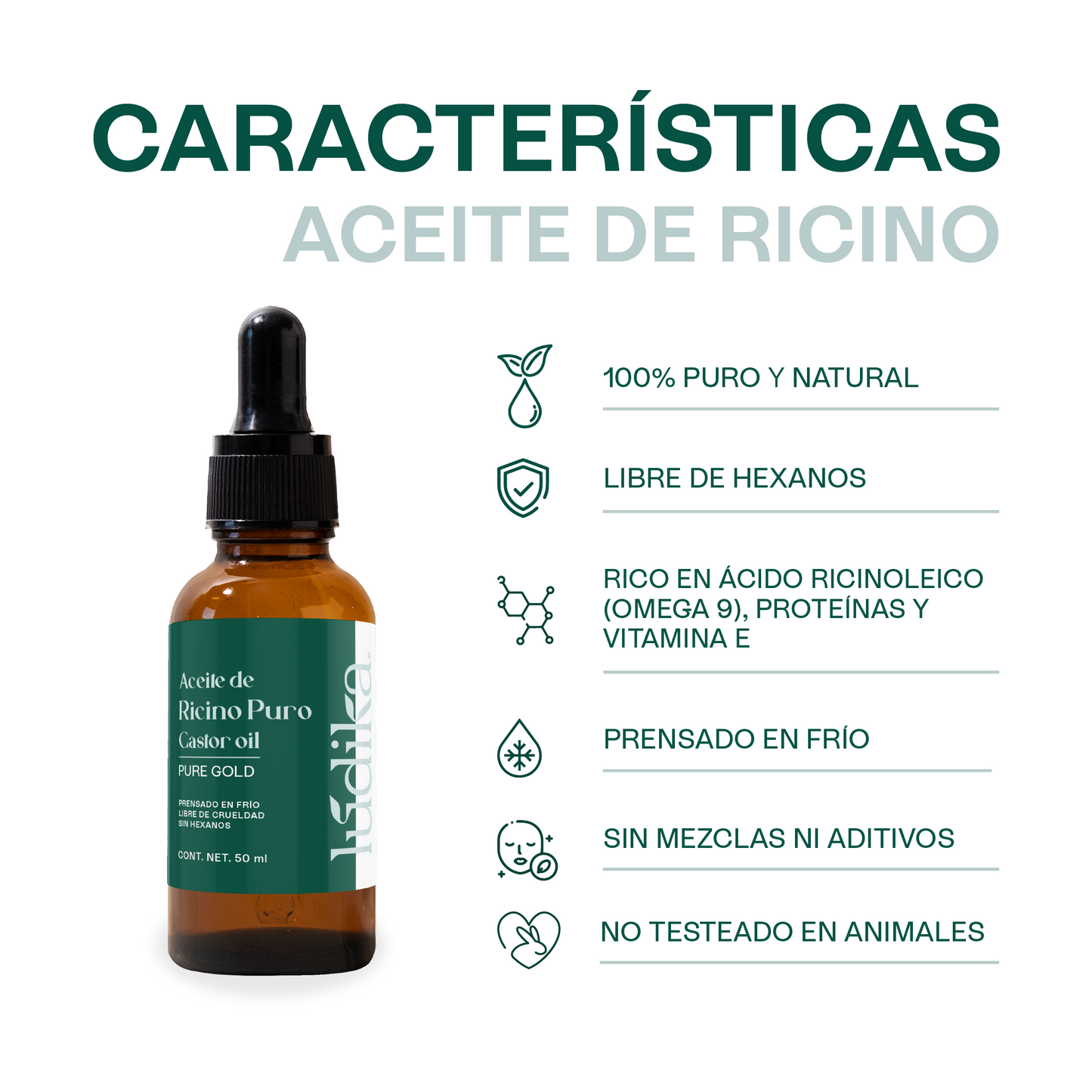 Aceite de Ricino Castor Oil Puro Orgánico | Cejas, Pestañas y Cabello | Hidratante, Antiinflamatorio y Estimulante Capilar