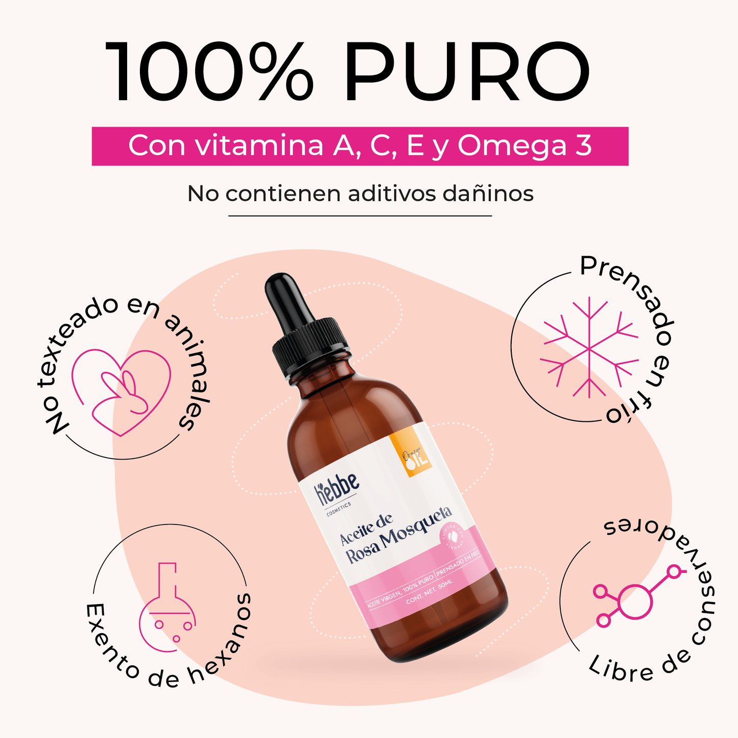 Aceite de Rosa Mosqueta Hebbe Virgen | Facial y corporal | Regenerador, AntiEdad, AntiEstrias y Hidratante en zona de contorno de ojos