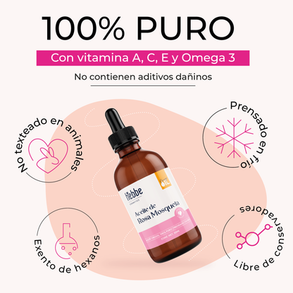 Aceite de Rosa Mosqueta Hebbe Virgen | Facial y corporal | Regenerador, AntiEdad, AntiEstrias y Hidratante en zona de contorno de ojos