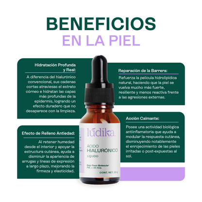 Ácido Hialurónico (Bajo Peso Molecular Líquido) | Hidratación Profunda y Reparación | Elasticidad y Firmeza