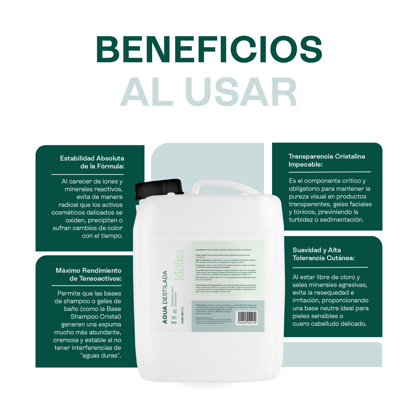 Agua Destilada | Desionizada, Desmineralizada | Solvente Universal | Estabilidad para Fórmulas Cosméticas