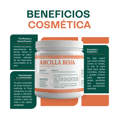 Arcilla Roja | Facial y Capilar | Calmante, Desintoxicante y Revitalizante para Piel Sensible y Cabello Graso