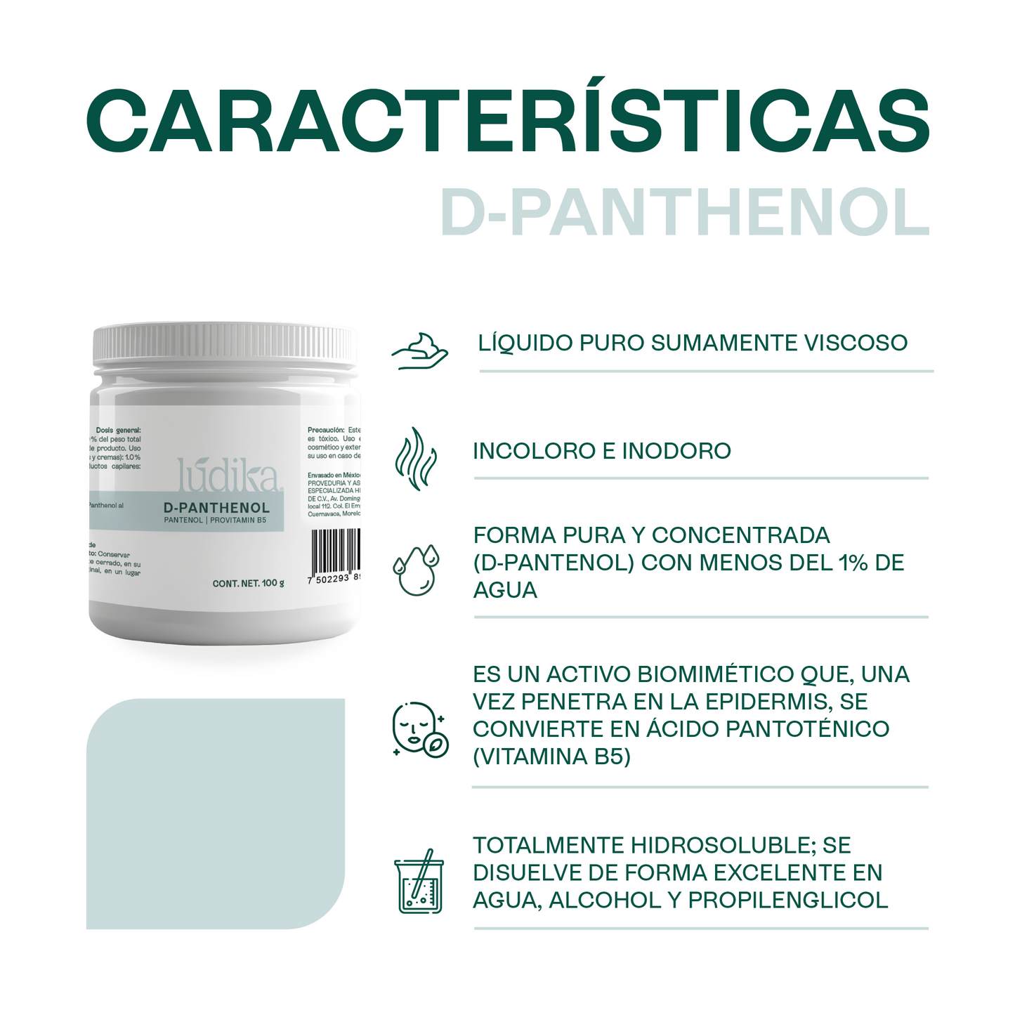 D – Pantenol (Pro-Vitamina B5) | Facial, Corporal, Capilar | Hidratante, Calmante y Cicatrizante