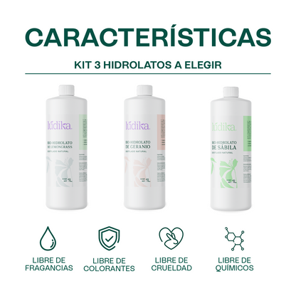 Kit de Hidrolatos | 3 Tónicos Faciales y Capilares 100% Puros y Naturales | A escoger 1 L c/u