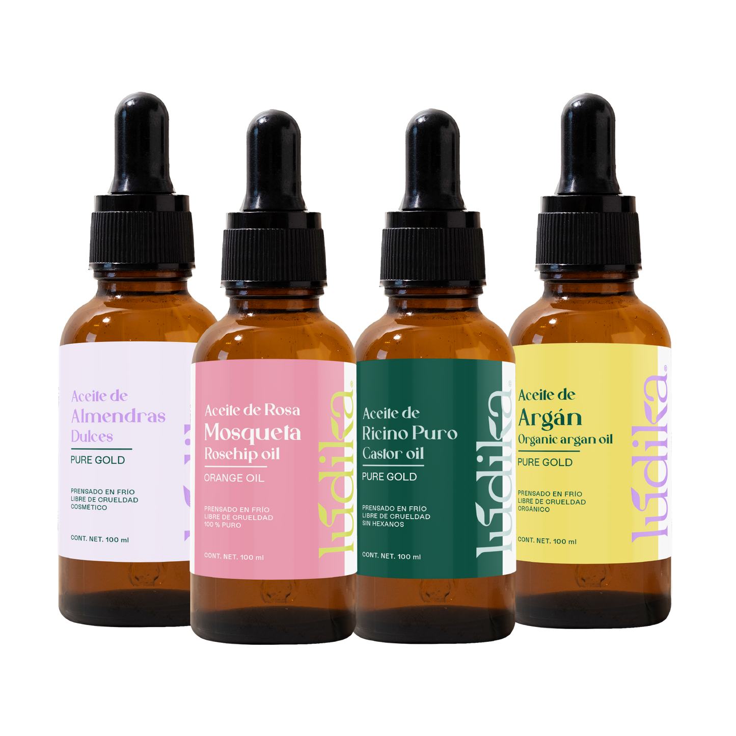 Kit de 4 Aceites Puros | Ricino, Rosa Mosqueta, Argán, Almendras | Antiedad, Fortalecimiento e Hidratación para Piel y Cabello