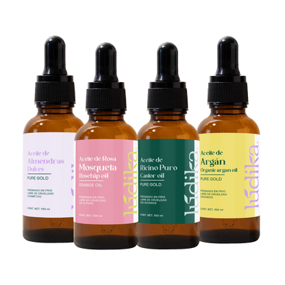 Kit de 4 Aceites Puros | Ricino, Rosa Mosqueta, Argán, Almendras | Antiedad, Fortalecimiento e Hidratación para Piel y Cabello