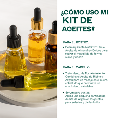Kit de 4 Aceites Puros | Ricino, Rosa Mosqueta, Argán, Almendras | Antiedad, Fortalecimiento e Hidratación para Piel y Cabello