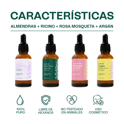 Kit de 4 Aceites Puros | Ricino, Rosa Mosqueta, Argán, Almendras | Antiedad, Fortalecimiento e Hidratación para Piel y Cabello