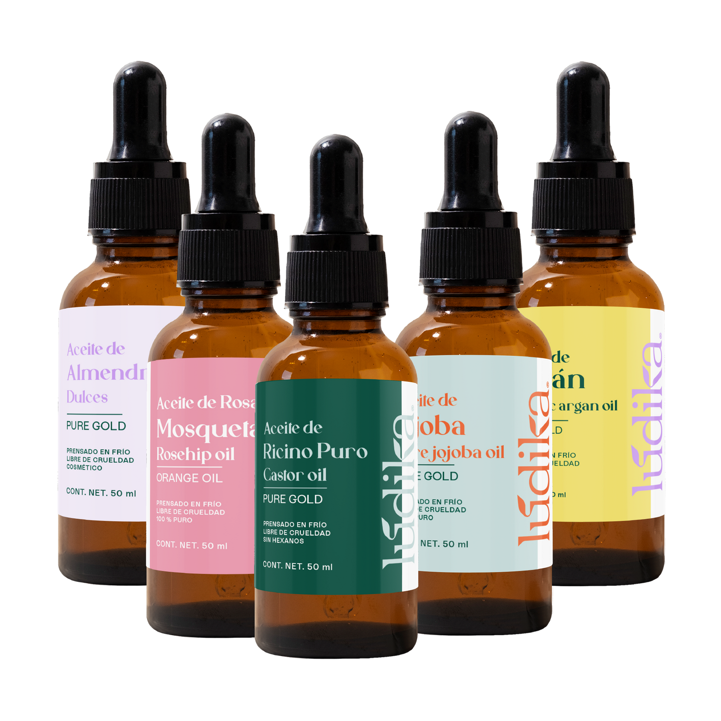 Kit de 5 Aceites Puros | Ricino, Argán, Almendras, Rosa Mosqueta, Jojoba | Antiedad, Fortalecimiento e Hidratación para Piel y Cabello