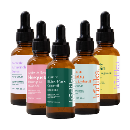 Kit de 5 Aceites Puros | Ricino, Argán, Almendras, Rosa Mosqueta, Jojoba | Antiedad, Fortalecimiento e Hidratación para Piel y Cabello
