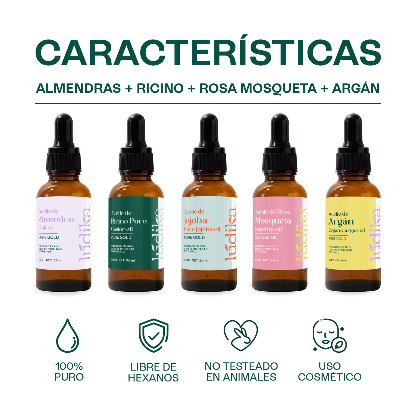 Kit de 5 Aceites Puros | Ricino, Argán, Almendras, Rosa Mosqueta, Jojoba | Antiedad, Fortalecimiento e Hidratación para Piel y Cabello
