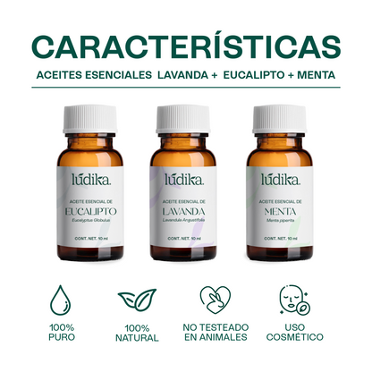 Kit Aceites Esenciales de Lavanda, Eucalipto, Menta | Facial, Spa y Aromaterapia | Calmante, Descongestionante y Equilibrante para Piel y Cabello