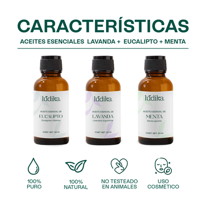 Kit Aceites Esenciales de Lavanda, Eucalipto, Menta | Facial, Spa y Aromaterapia | Calmante, Descongestionante y Equilibrante para Piel y Cabello