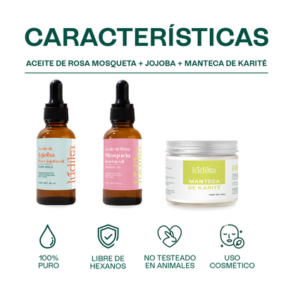 Kit mamá | Aceite de Rosa Mosqueta, Jojoba y Karité | Hidratación Antiedad y Nutrición Integral para Piel y Cabello