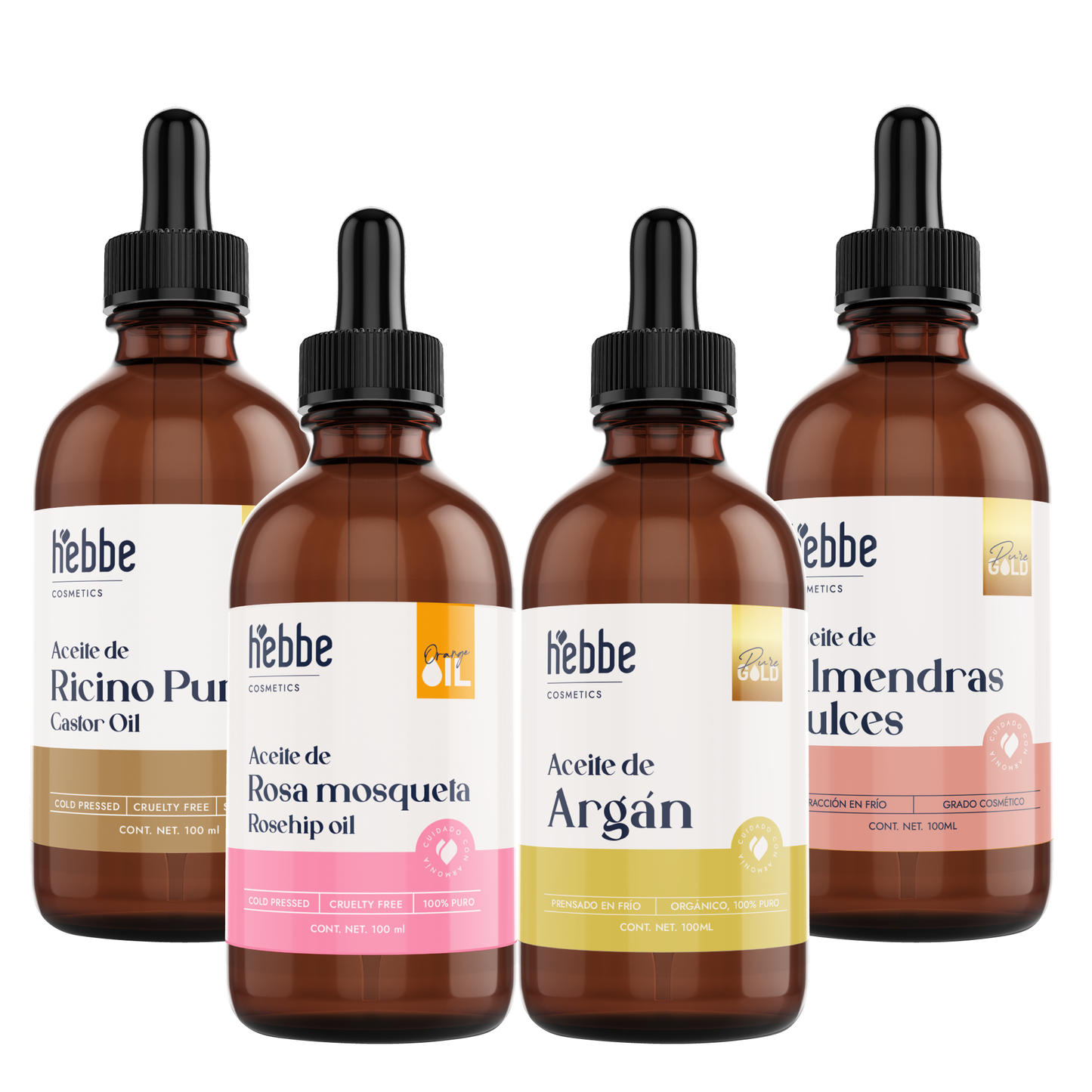 Kit de 4 Aceites Puros | Ricino, Rosa Mosqueta, Argán, Almendras | Antiedad, Fortalecimiento e Hidratación para Piel y Cabello