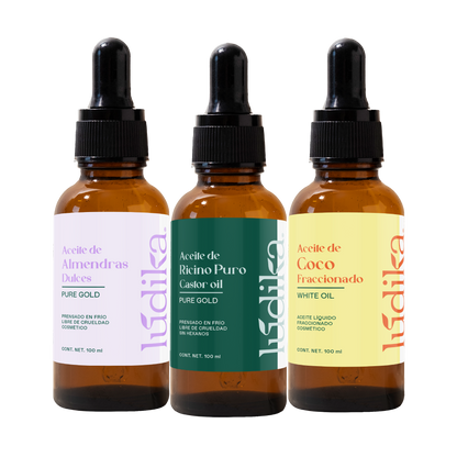 Kit 3 aceites capilares | Aceites de Ricino, Almendras Dulces y Coco Fraccionado | Piel, Cabello y Masajes