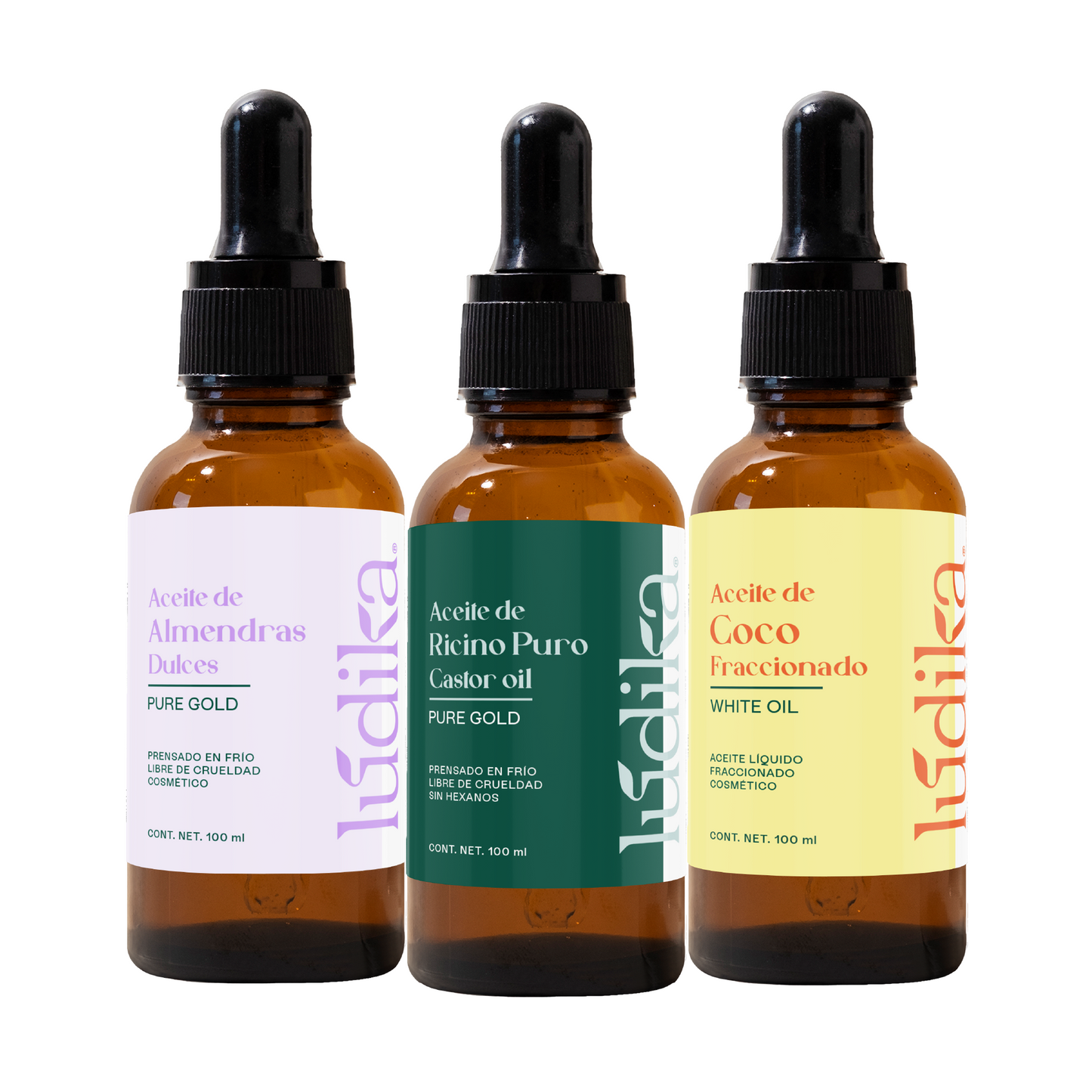 Kit 3 aceites capilares | Aceites de Ricino, Almendras Dulces y Coco Fraccionado | Piel, Cabello y Masajes