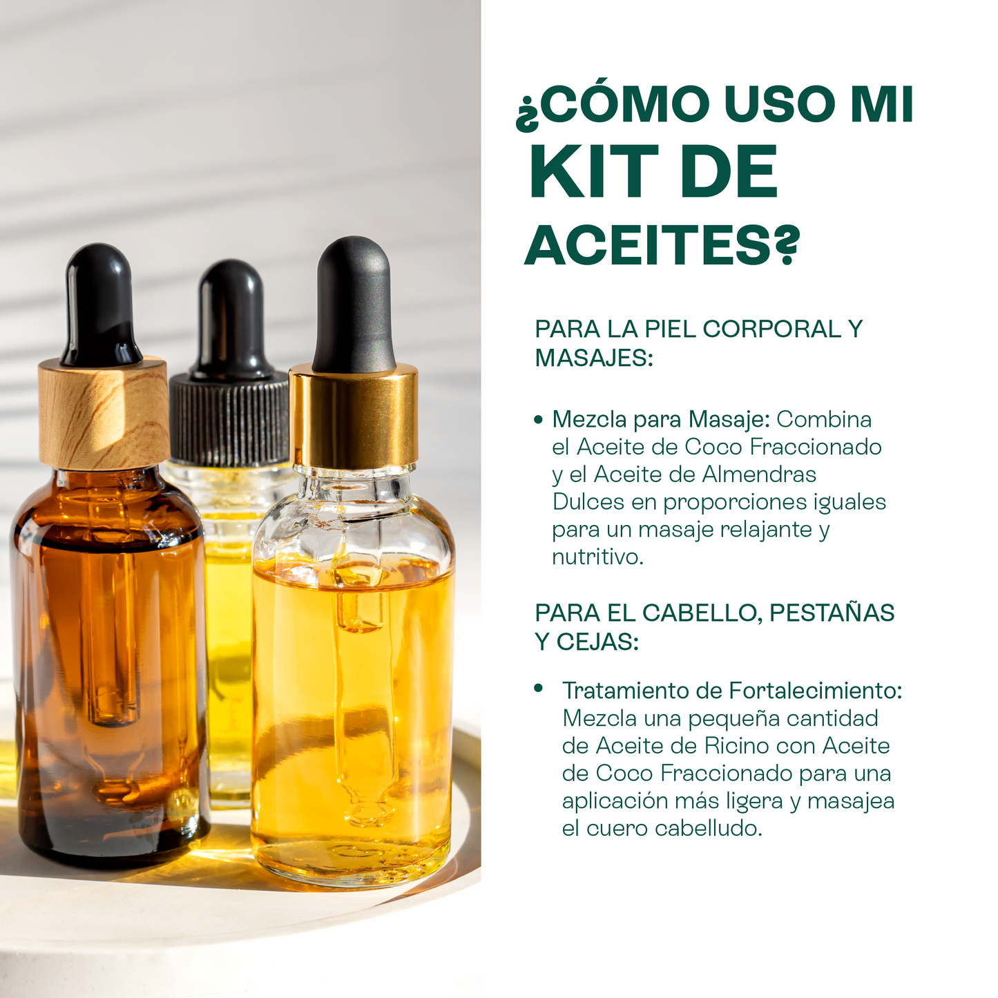 Kit 3 aceites capilares | Aceites de Ricino, Almendras Dulces y Coco Fraccionado | Piel, Cabello y Masajes