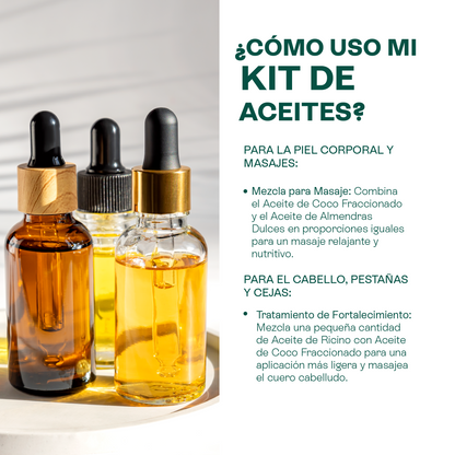 Kit 3 aceites capilares | Aceites de Ricino, Almendras Dulces y Coco Fraccionado | Piel, Cabello y Masajes