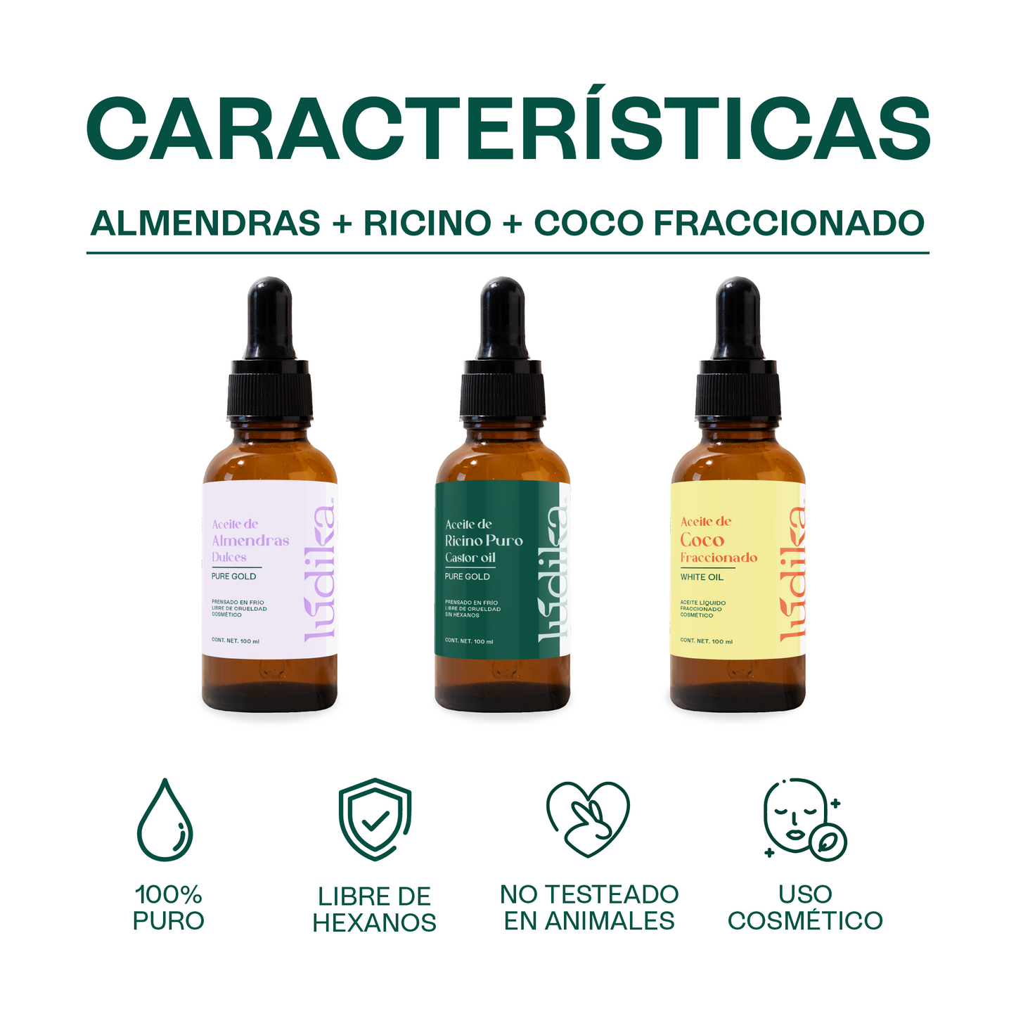 Kit 3 aceites capilares | Aceites de Ricino, Almendras Dulces y Coco Fraccionado | Piel, Cabello y Masajes