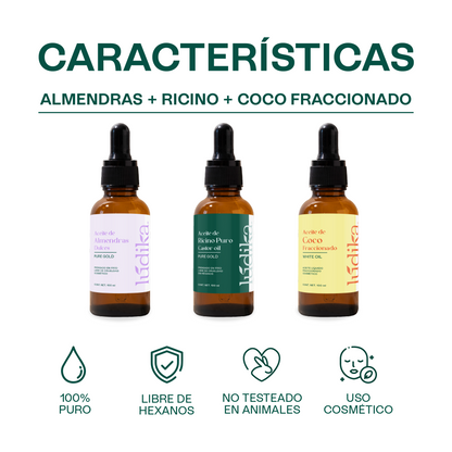 Kit 3 aceites capilares | Aceites de Ricino, Almendras Dulces y Coco Fraccionado | Piel, Cabello y Masajes