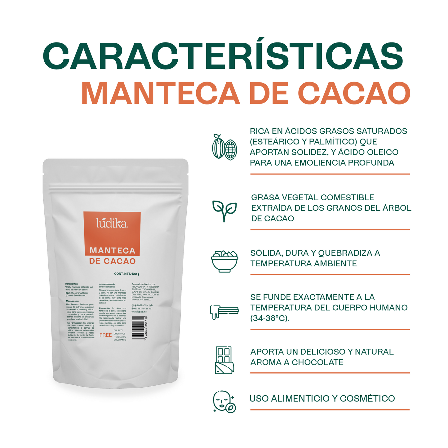 Manteca de Cacao | Cuerpo, Labios y Alimentación | Emoliente Oclusivo y Agente Fundente