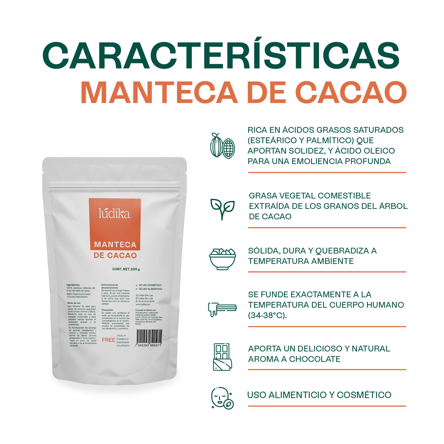 Manteca de Cacao | Cuerpo, Labios y Alimentación | Emoliente Oclusivo y Agente Fundente