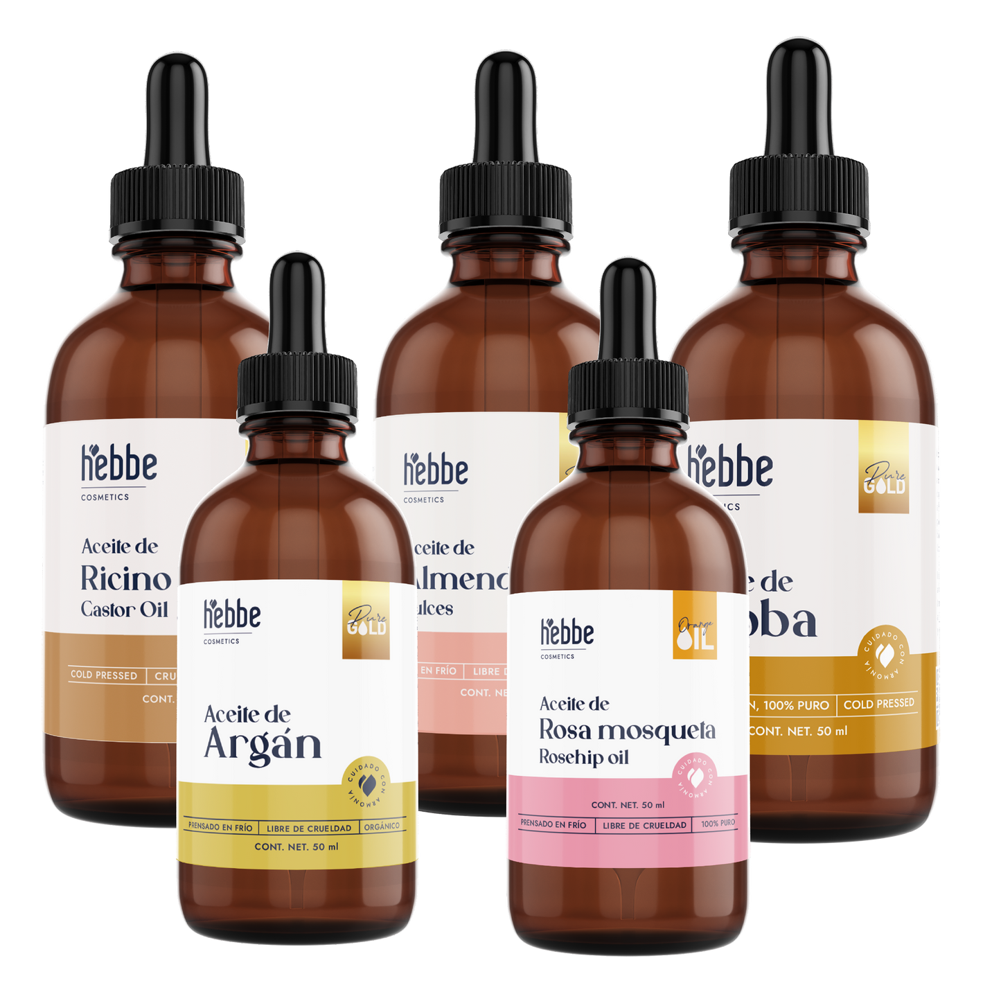 Kit de 5 Aceites Puros | Ricino, Argán, Almendras, Rosa Mosqueta, Jojoba | Antiedad, Fortalecimiento e Hidratación para Piel y Cabello
