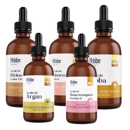 Kit de 5 Aceites Puros | Ricino, Argán, Almendras, Rosa Mosqueta, Jojoba | Antiedad, Fortalecimiento e Hidratación para Piel y Cabello