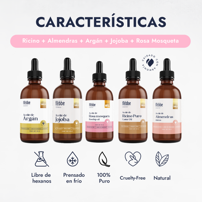 Kit de 5 Aceites Puros | Ricino, Argán, Almendras, Rosa Mosqueta, Jojoba | Antiedad, Fortalecimiento e Hidratación para Piel y Cabello