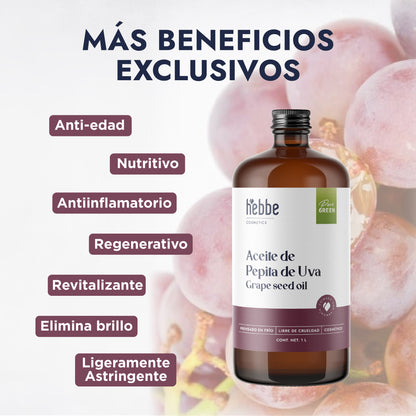 Aceite de Pepita de Uva Puro | Facial, Corporal y Corporal | Aceite de masaje, Antioxidante y Regulador Sebáceo